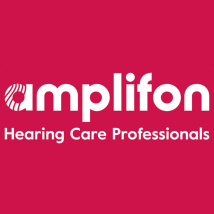 Pink background. Text 'amplifon. Hearing Care Professionals'